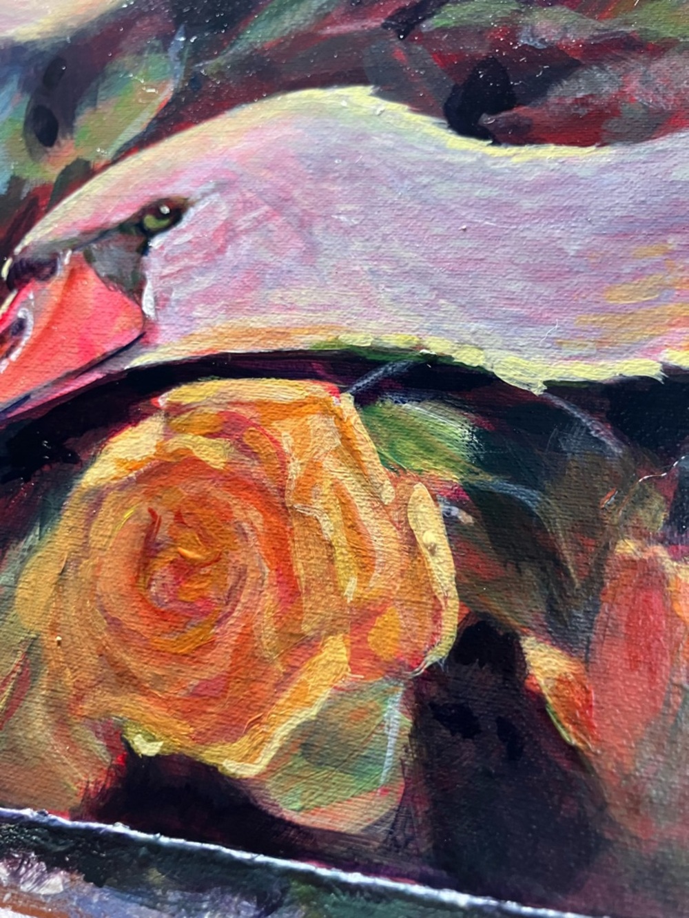 Swan original painting yellow rose garden surrealism art Artettina USA - Picture 2 of 8